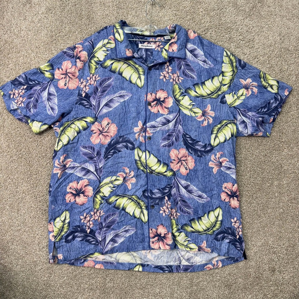 Tommy Bahama Shirt Mens 3XL Blue Floral Tropical Silk Blend Short‎ Sleeve Aloha